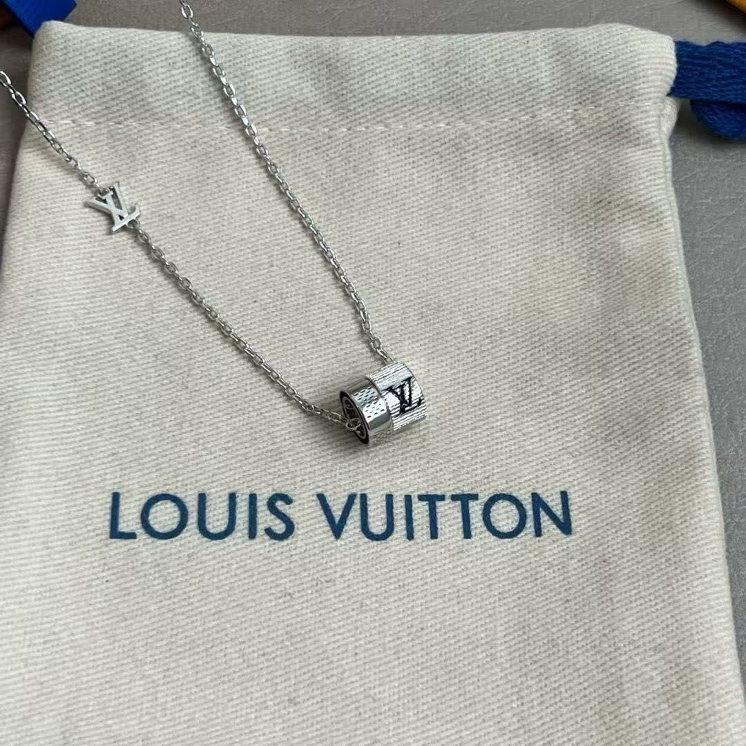 Louis Vuitton Silver Chain Necklace with Logo Charm